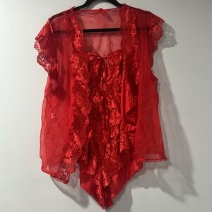 Vintage Alana Gale Red Sheer Intimates Ruffle Lace Lingerie Sz 3XL  (2 piece)